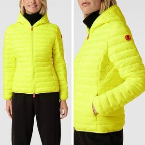 Save The Duck Lightweight Fluo Yellow Kyla Hooded Puffer Jacket Womens Medium